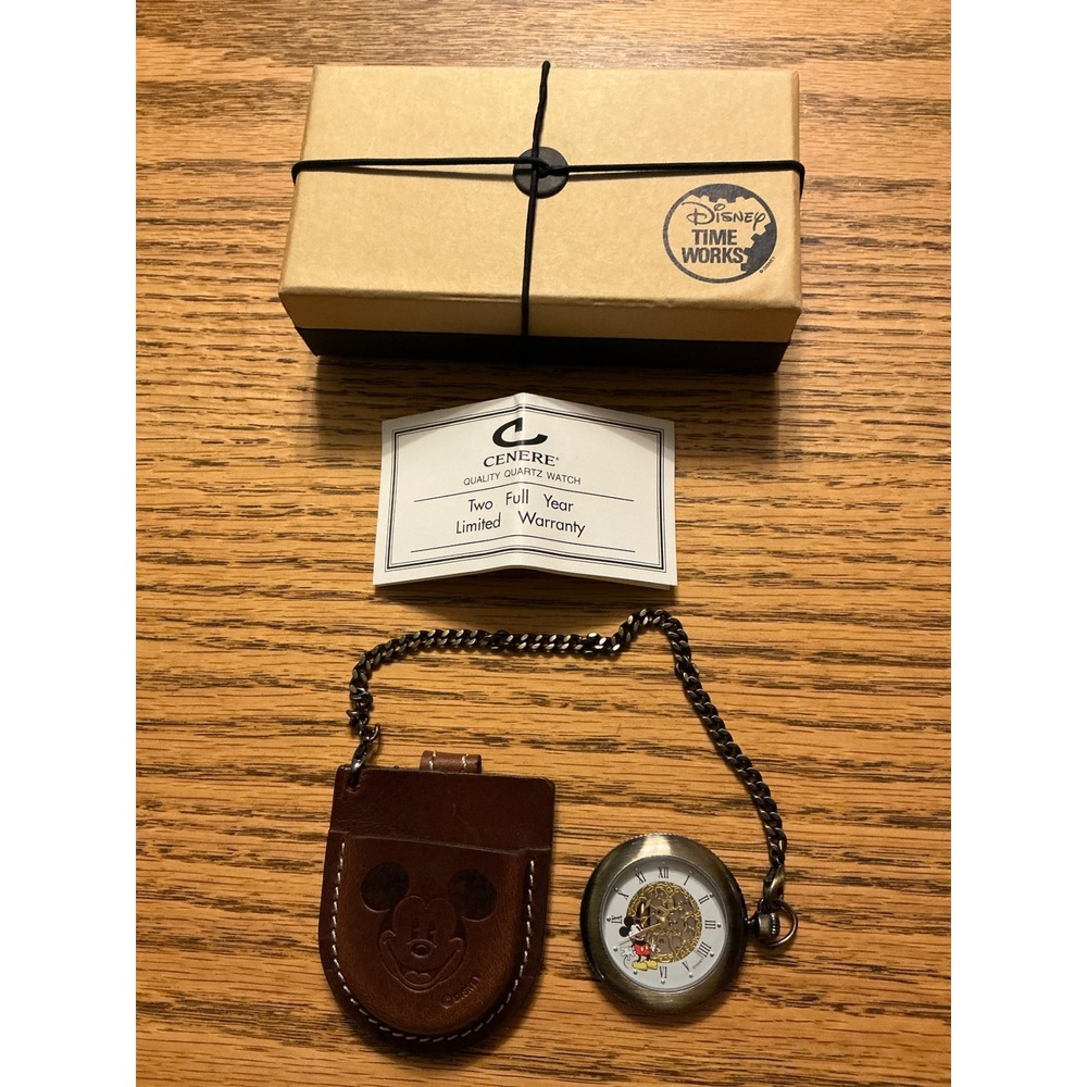 Tg New Disney Mickey Mouse Pocket Watch w/Leather Case & original box bronze